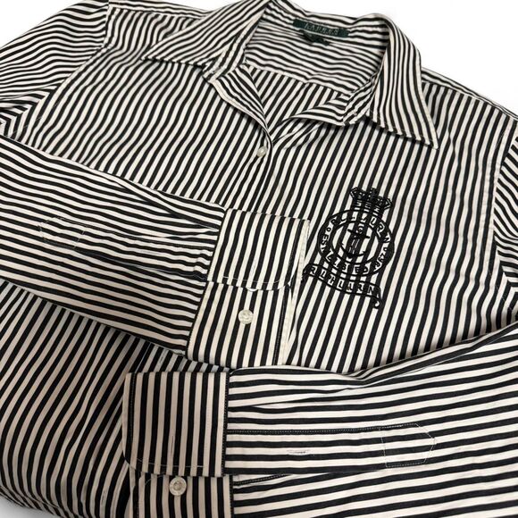Vintage 90s Lauren Ralph Lauren Embroidered Crest Logo B&W Long Sleeve Shirt - Picture 5 of 8